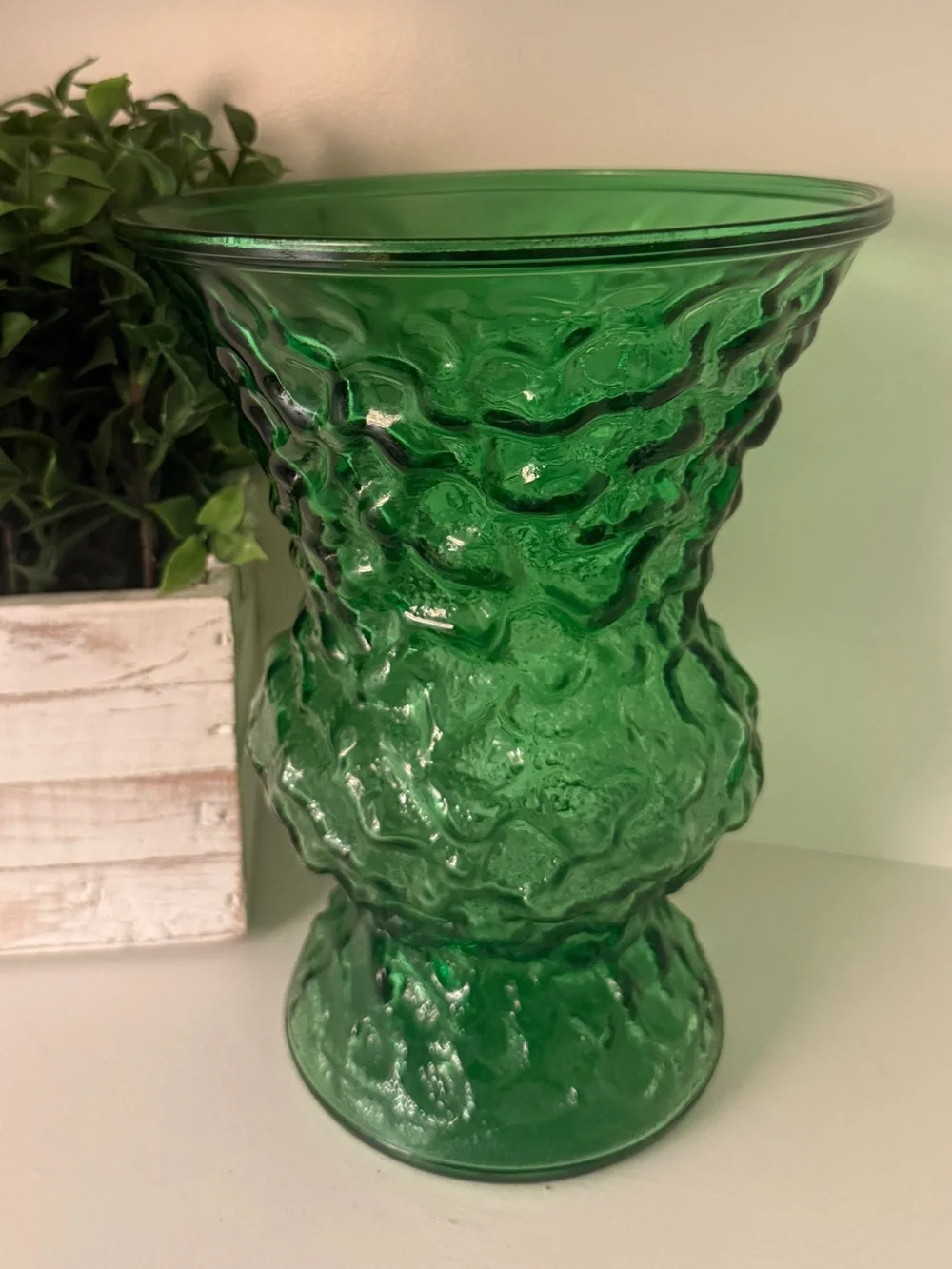Emerald Green Textured Art Glass Pedestal Vase Heavy Pressed Glass– 10” Tall VTG